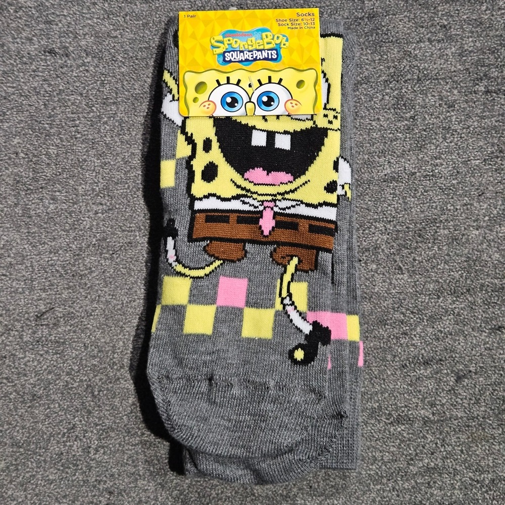 Nickelodeon SpongeBob SquarePants Gray Checkered Crew Socks Unisex Size 6.5-12